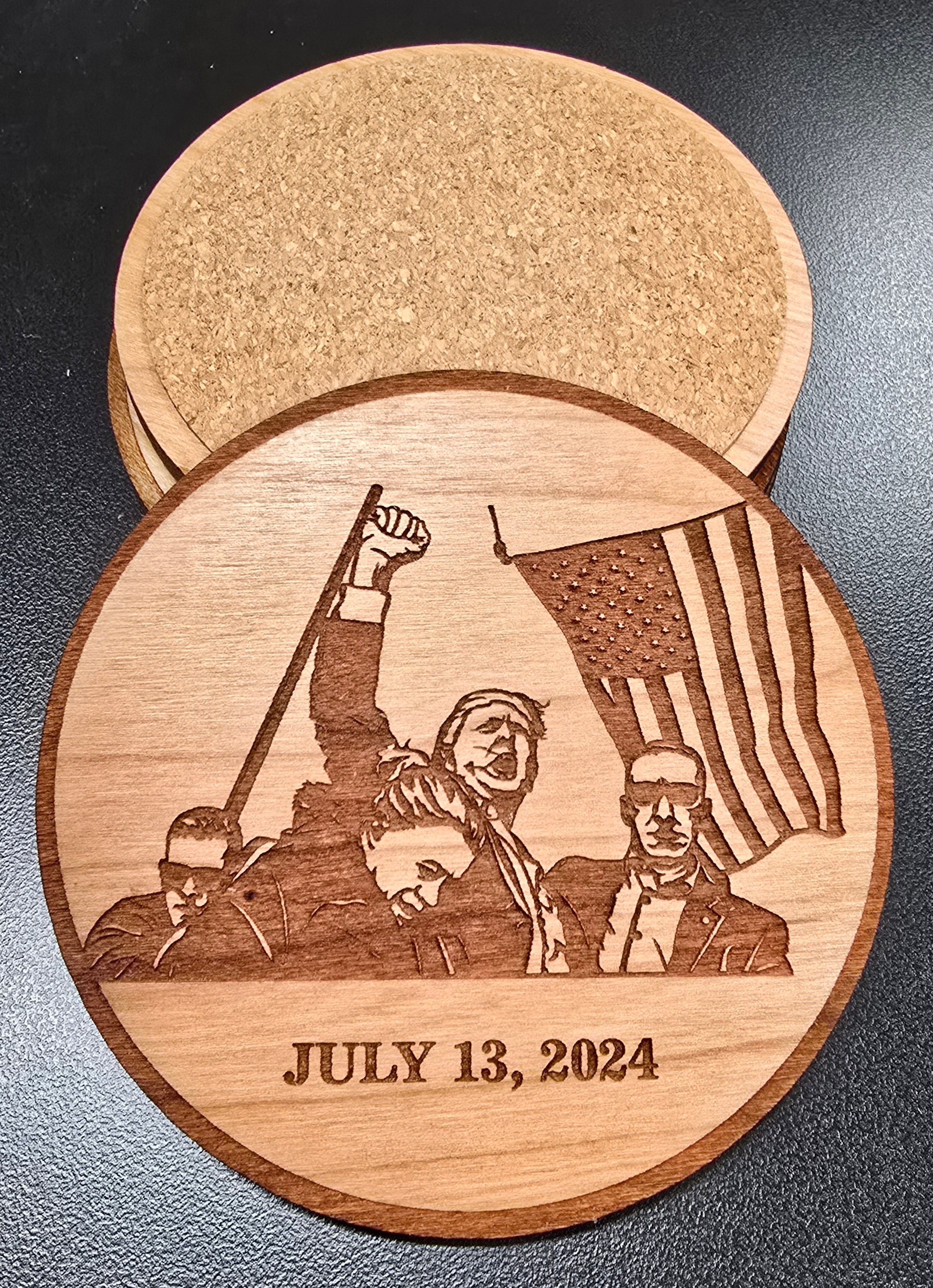 Trump Fight Patriotic Wood Coaster Set – Handcrafted by U.S. Veterans