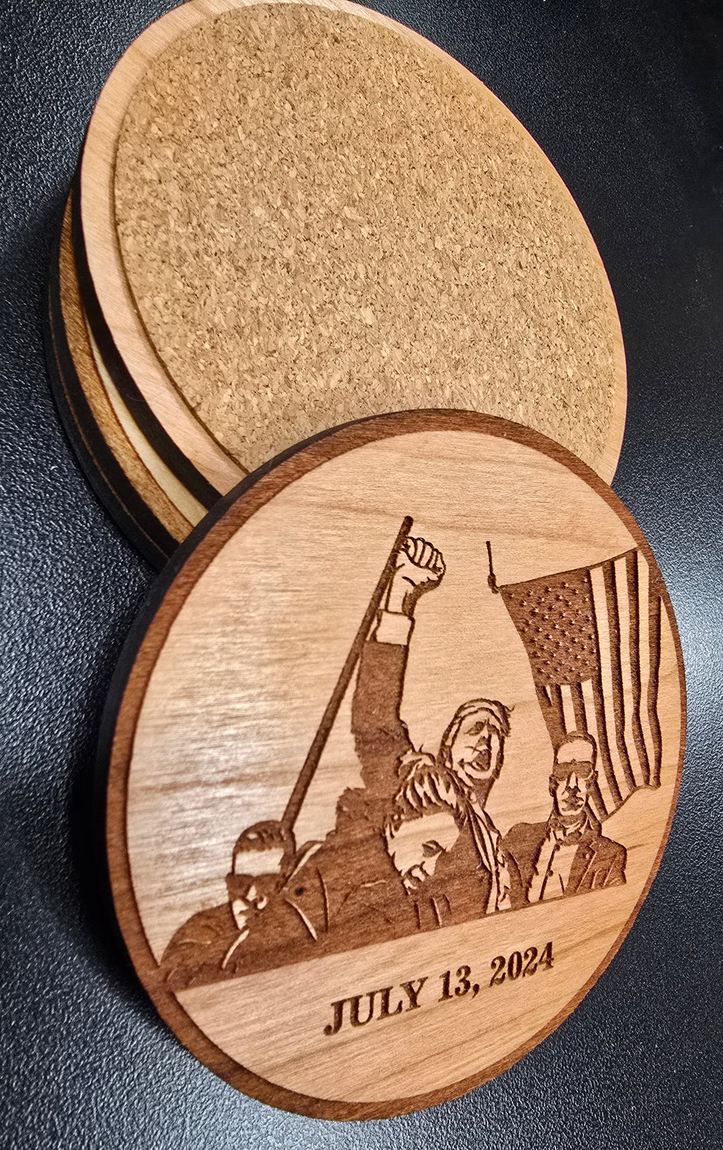 Trump Fight Patriotic Wood Coaster Set – Handcrafted by U.S. Veterans