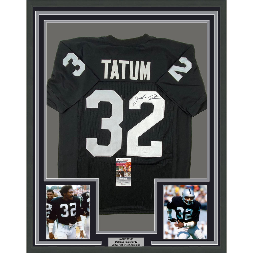 Framed Autographed/Signed Jack Tatum 35x39 Oakland Black Football Jersey JSA COA #2