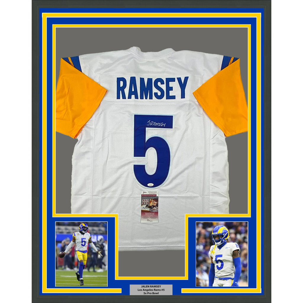 Framed Autographed/Signed Jalen Ramsey 35x39 Los Angeles LA White Football Jersey JSA COA