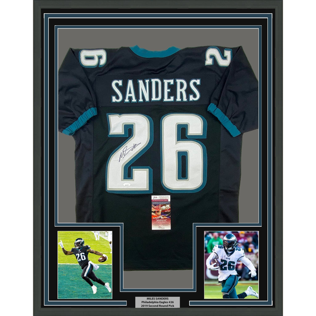 Framed Autographed/Signed Miles Sanders 35x39 Philadelphia Black Football Jersey JSA COA