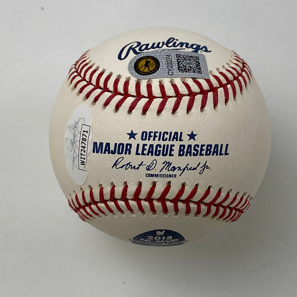 Autographed/Signed Christian Yelich Yeli 2018 NL MVP Rawlings Official Major League Baseball ROML JSA COA
