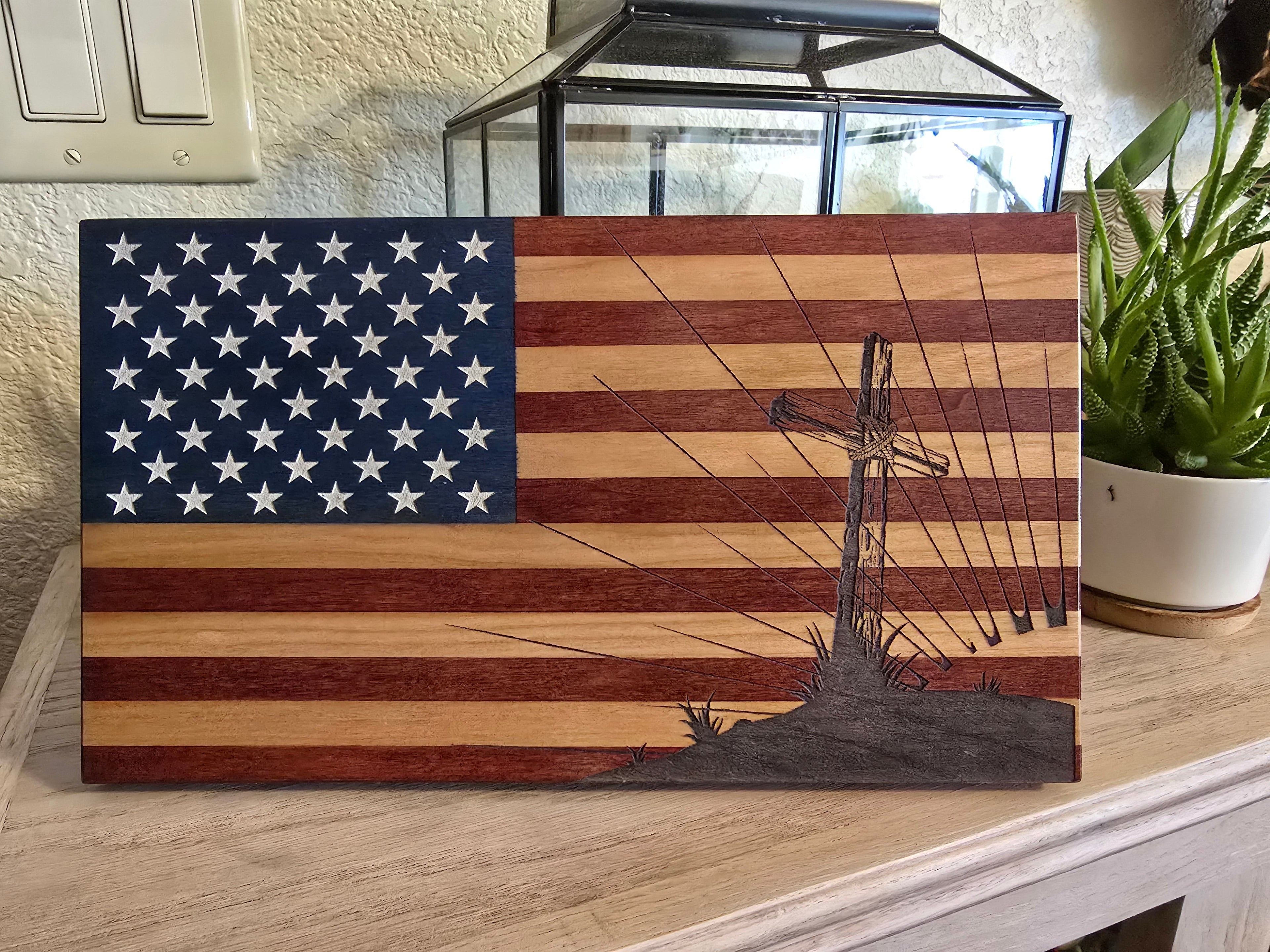 God & Country Handcrafted Wooden Desktop Flag – Made by U.S. Veterans