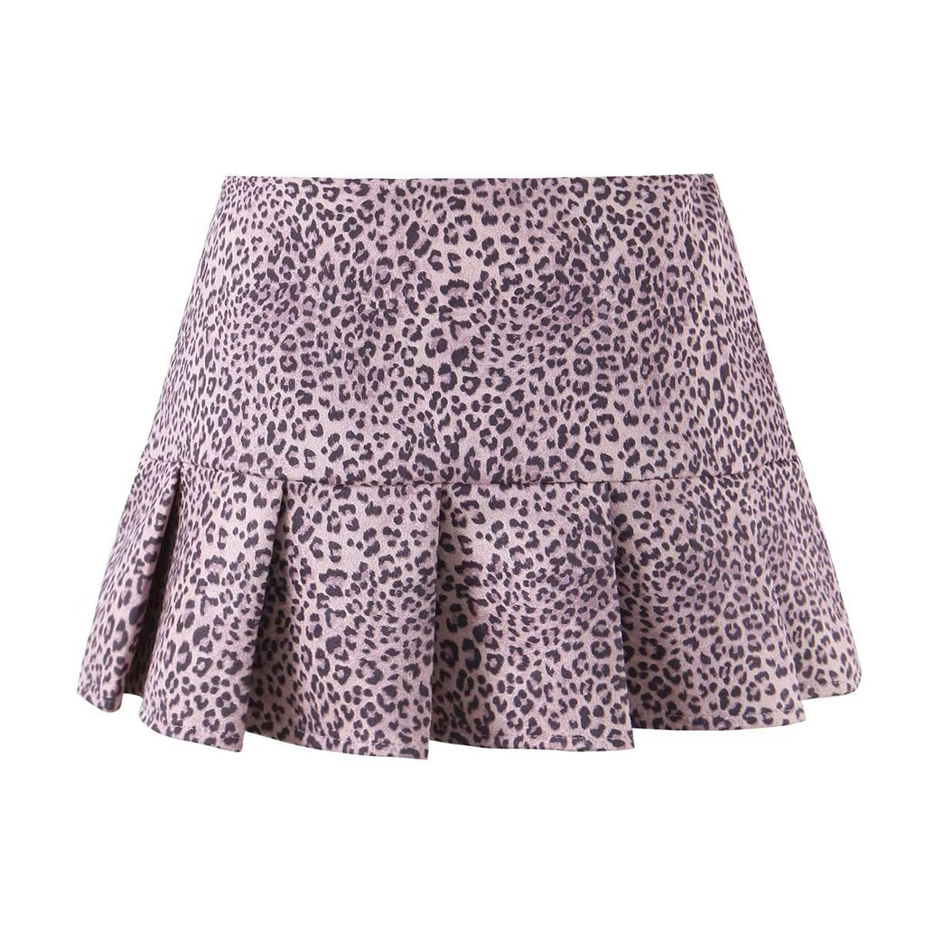 Chic Vintage Leopard Print Pleated Skirt with Built-in Safety Pant Women's Fashion Dress
