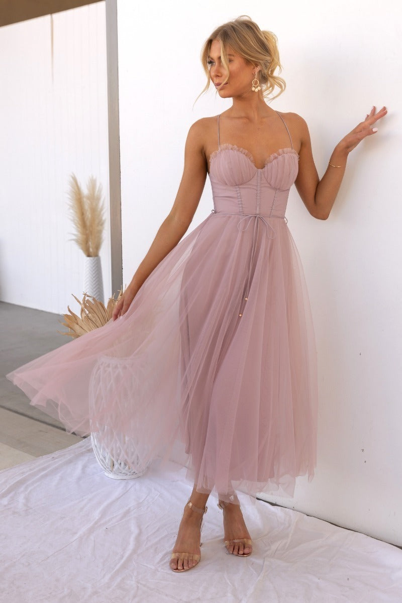 Elegant and sexy suspender mesh party evening dress