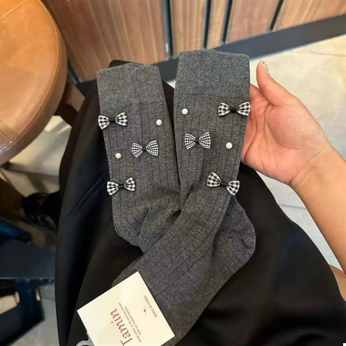 Pearl Detail Bow Crew Socks