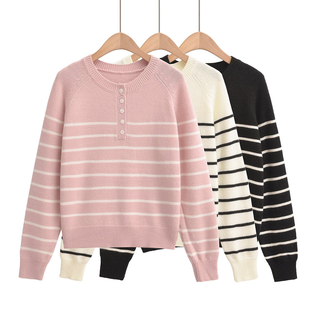 Striped round neck long sleeved loose plush sweater