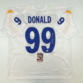Autographed/Signed Aaron Donald Los Angeles LA White Football Jersey JSA COA