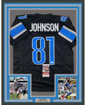 Framed Autographed/Signed Calvin Johnson 35x39 Detroit Black Football Jersey JSA COA