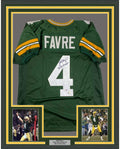 Framed Autographed/Signed Brett Favre 95 96 97 MVP 35x39 Green Bay Green Football Jersey PSA/DNA COA