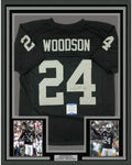 Framed Autographed/Signed Charles Woodson 35x39 Oakland Black Football Jersey Beckett BAS COA