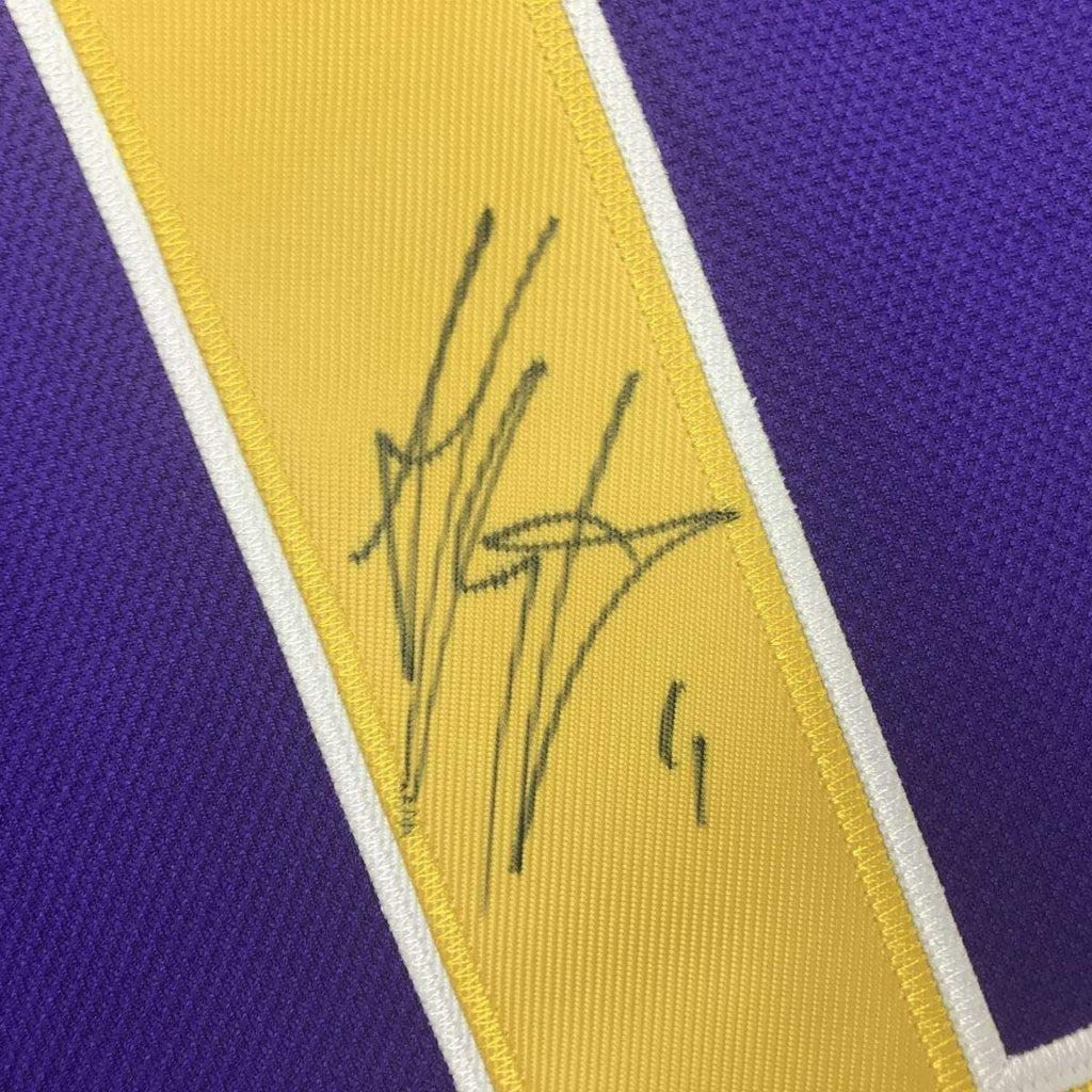 Framed Autographed/Signed Anze Kopitar 35x39 Los Angeles LA Retro Purple Hockey Jersey JSA COA