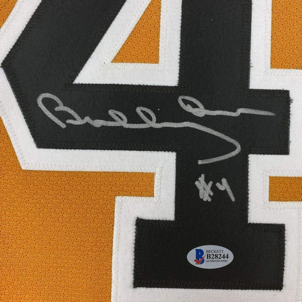 Framed Autographed/Signed Bobby Orr 35x39 Boston Yellow Hockey Jersey Beckett BAS & GNR COA