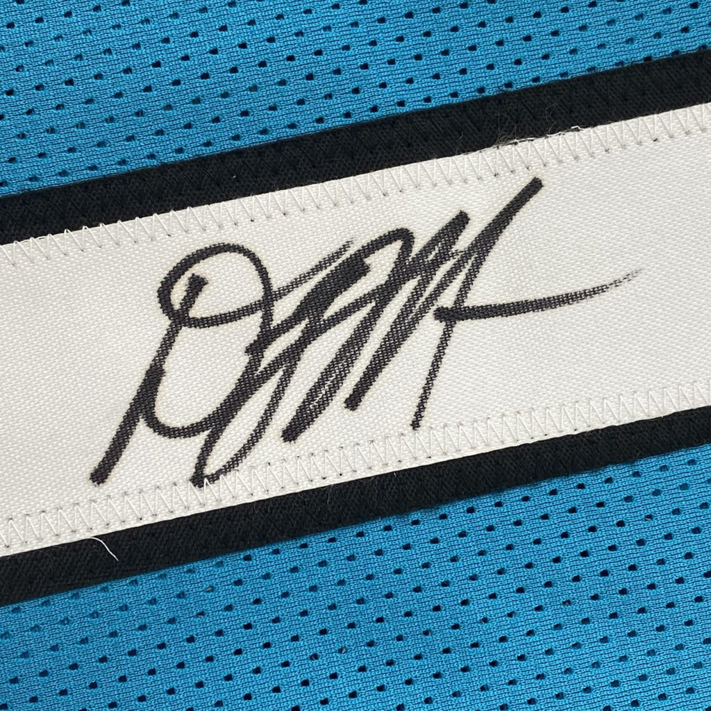Framed Autographed/Signed DJ D.J. Moore 35x39 Carolina Teal Football Jersey Beckett BAS COA