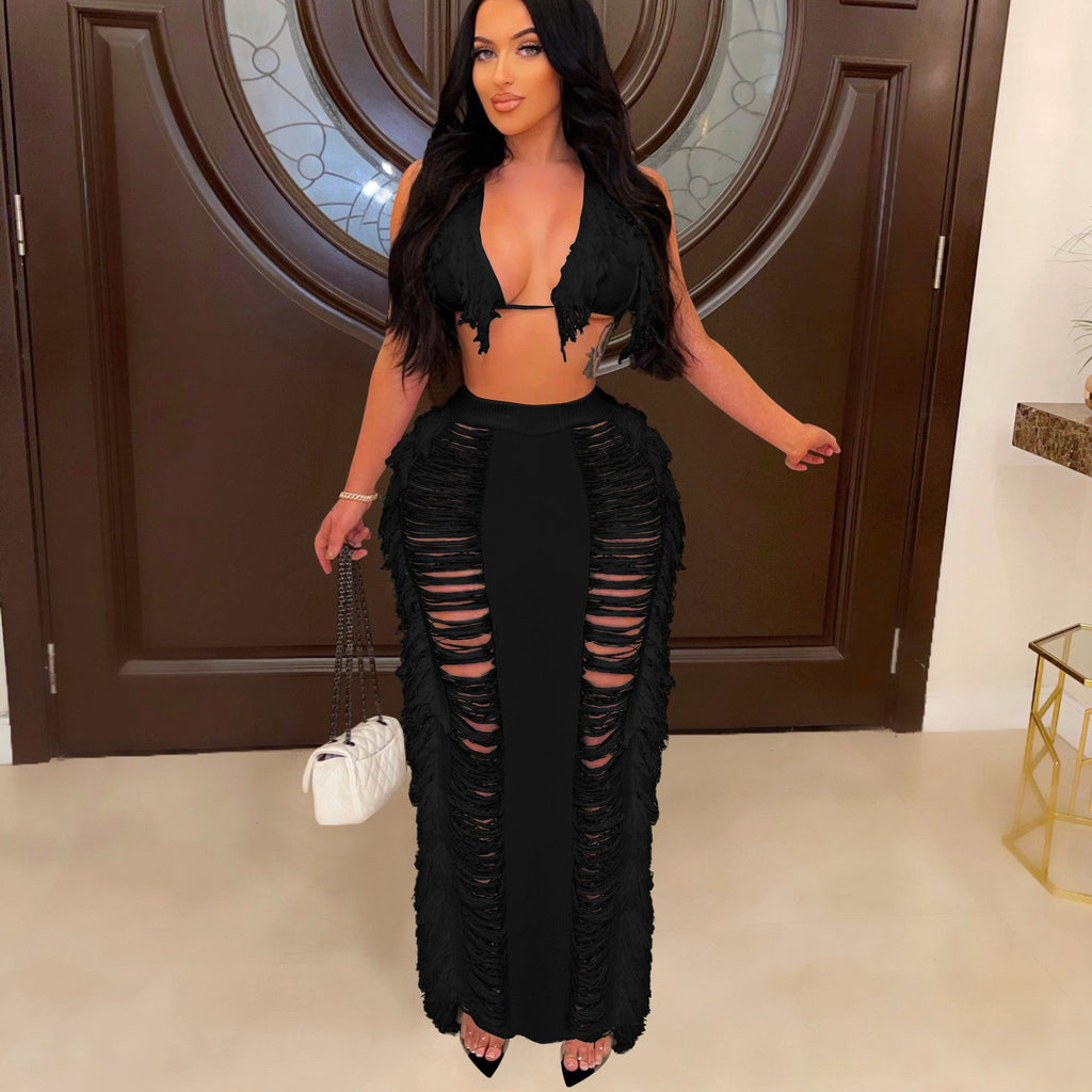 Women's Tassel Knitted Beach Skirt Suit