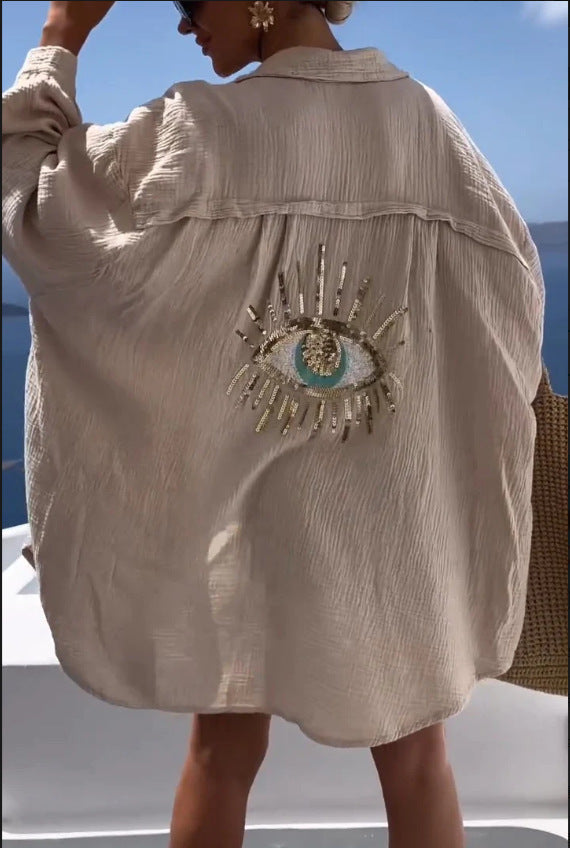 Women's Outdoor Beach Shirt Casual Sequin Beaded Shirt
