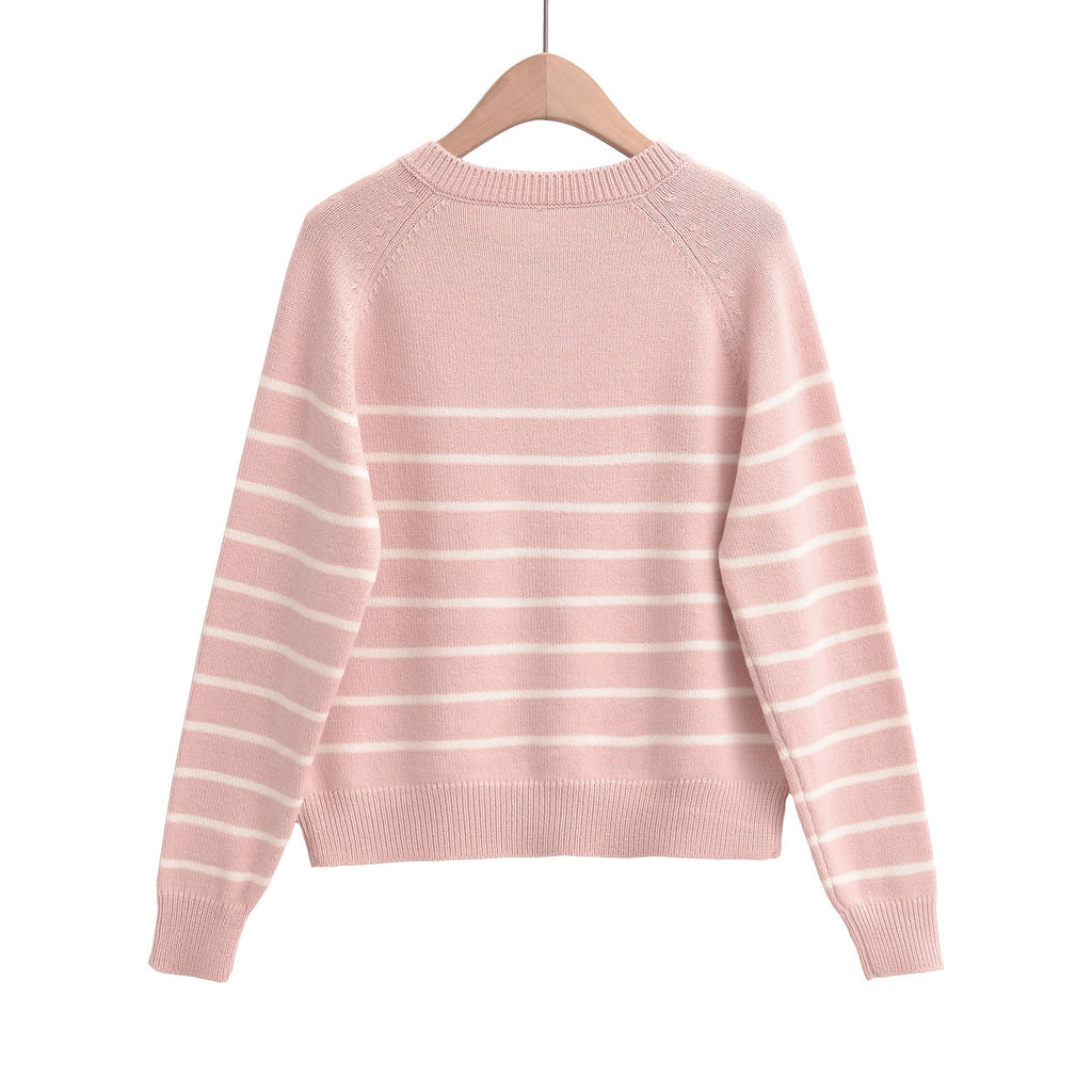 Striped round neck long sleeved loose plush sweater