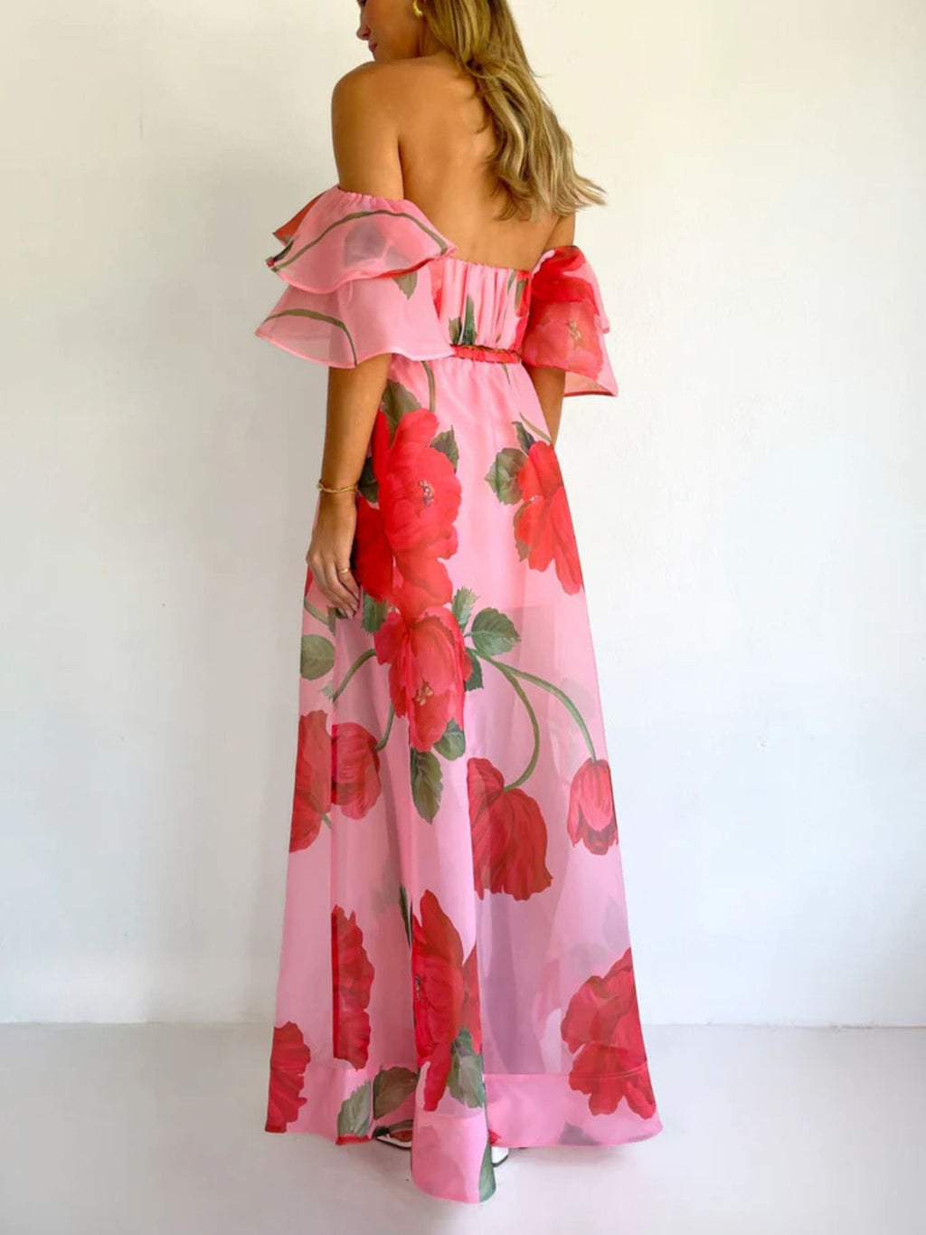 Polka Dot and Flowers Ruffle Crop Top and Maxi Skirt Set