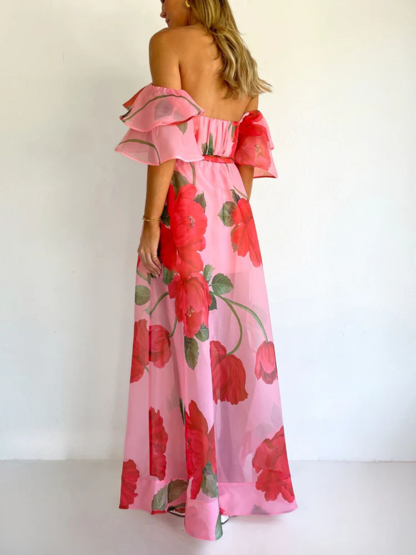 Polka Dot and Flowers Ruffle Crop Top and Maxi Skirt Set
