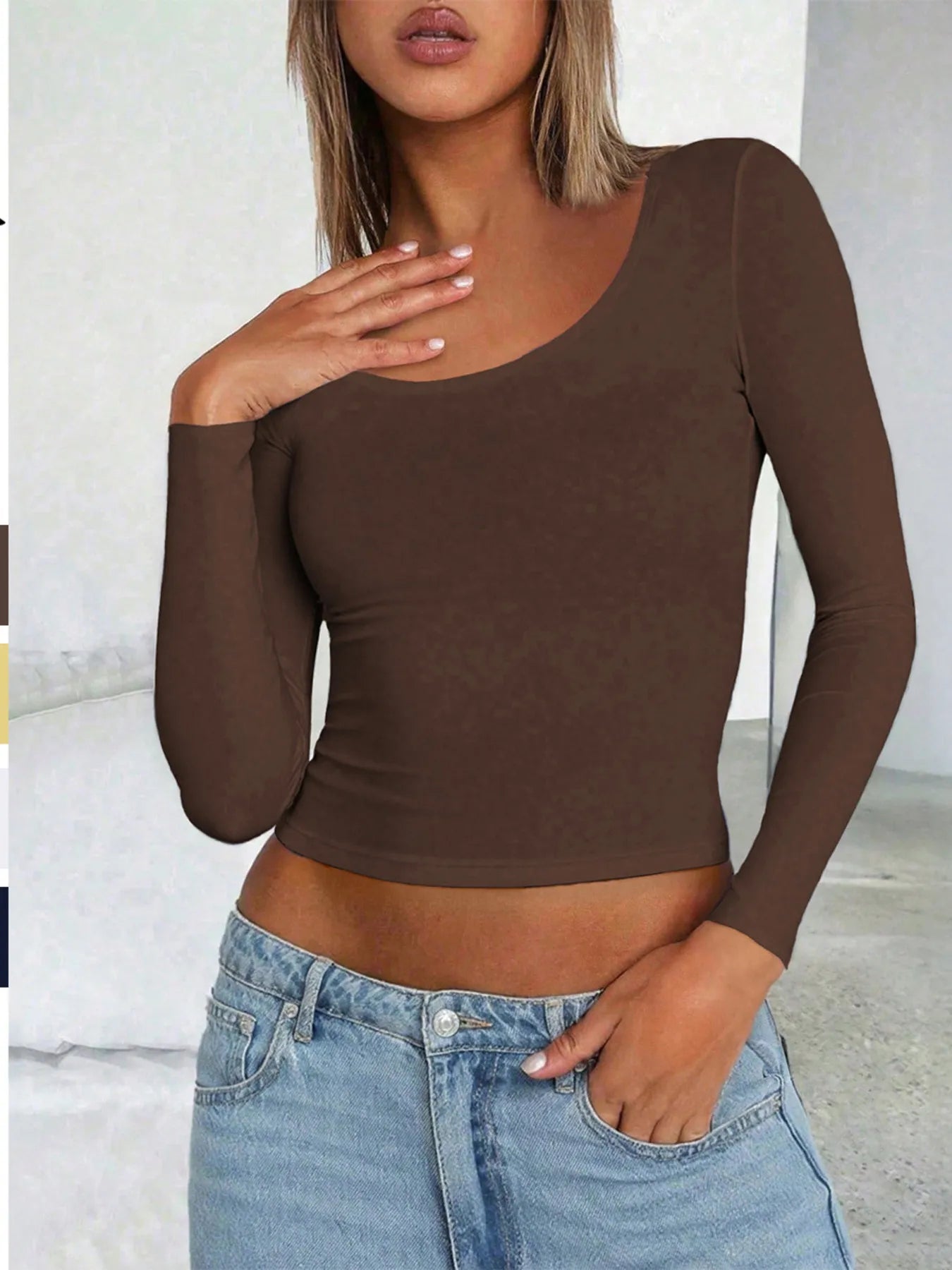Scoop Neck Long Sleeve Fitted T-Shirt