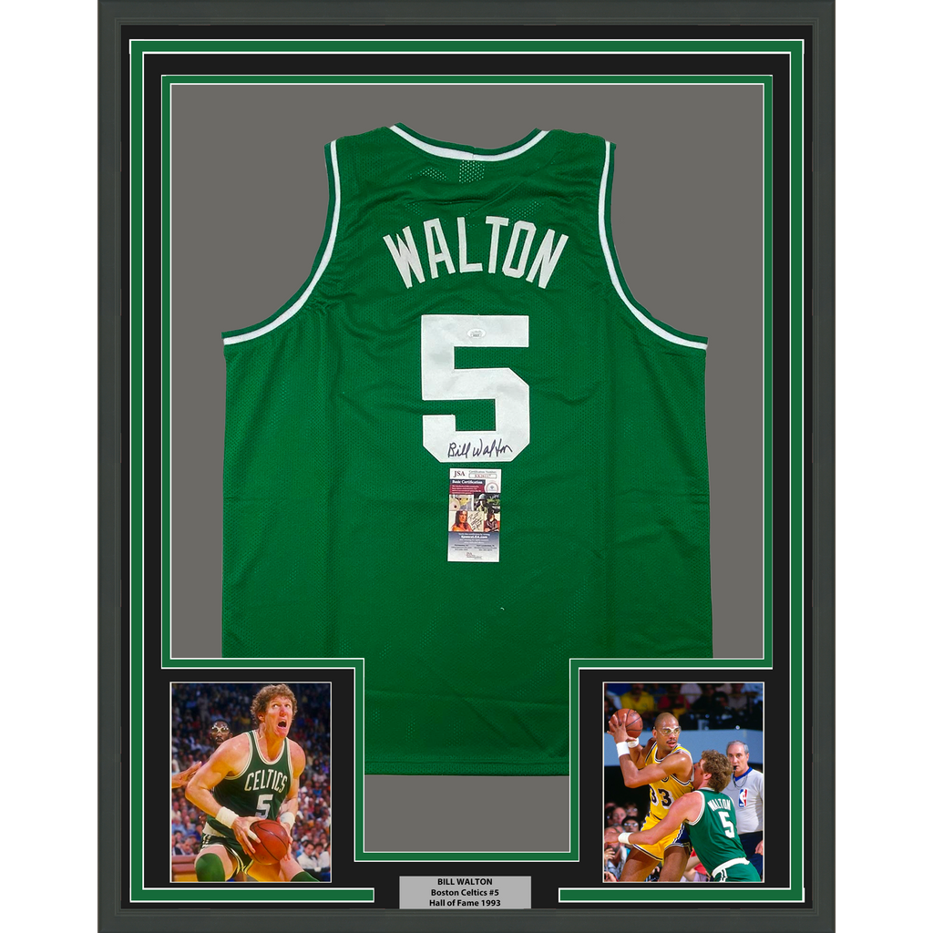 Framed Autographed/Signed Bill Walton 35x39 Boston Green Basketball Jersey JSA COA