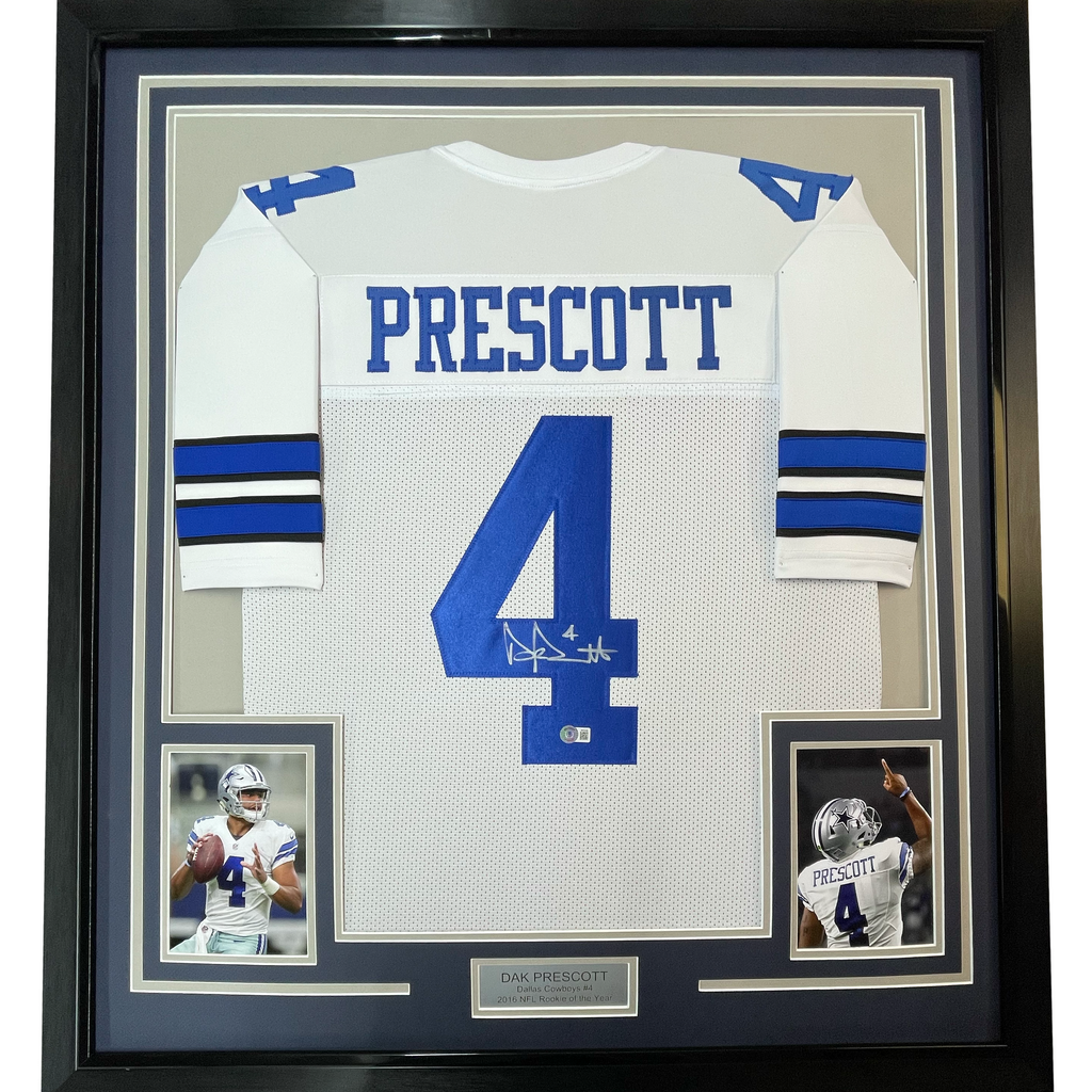 Framed Autographed/Signed Dak Prescott 35x39 Dallas White Football Jersey Beckett BAS COA