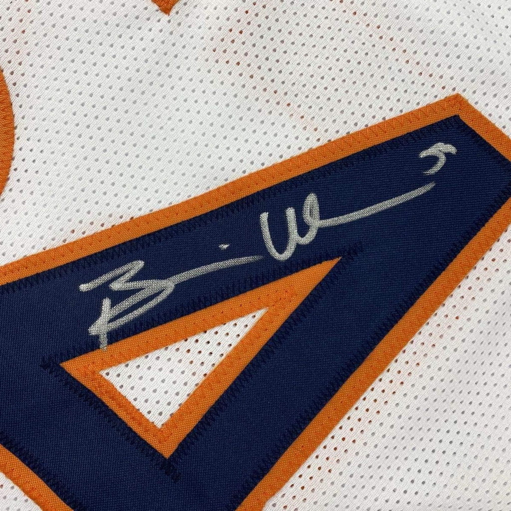 Framed Autographed/Signed Brian Urlacher 35x39 Chicago White Football Jersey Beckett BAS COA