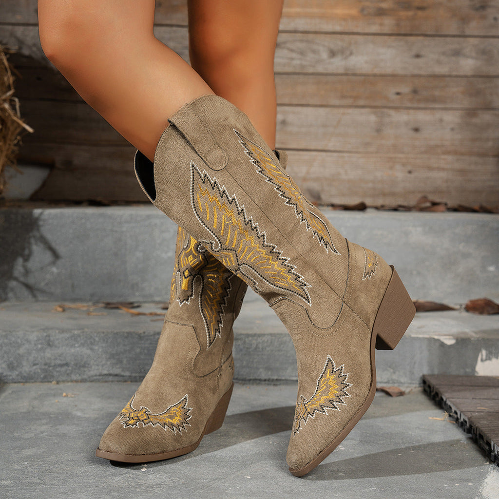 Suede Embroidery Mid Heel Knight Boots Large Size Thick Heel Cowboy Boot