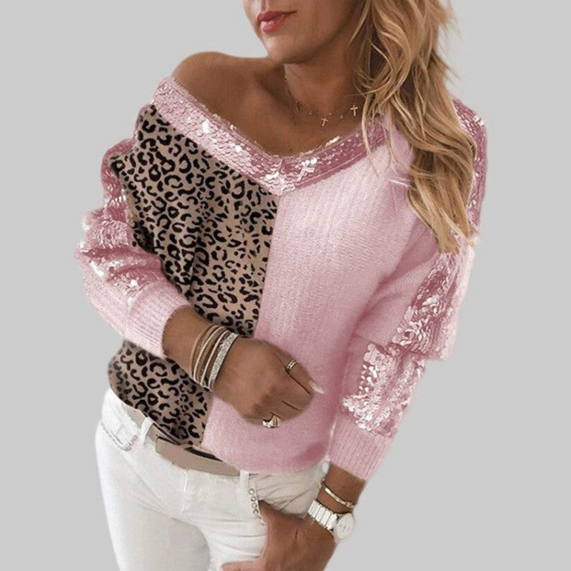 Autumn And Winter Collar Sequins Splice Leopard Knit
