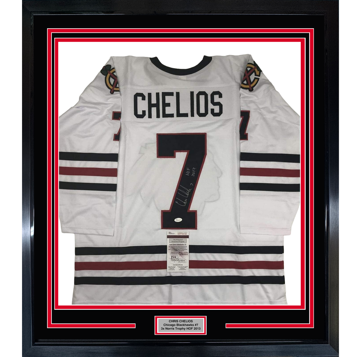 Framed Autographed/Signed Chris Chelios HOF 2013 35x39 Chicago White Hockey Jersey JSA COA