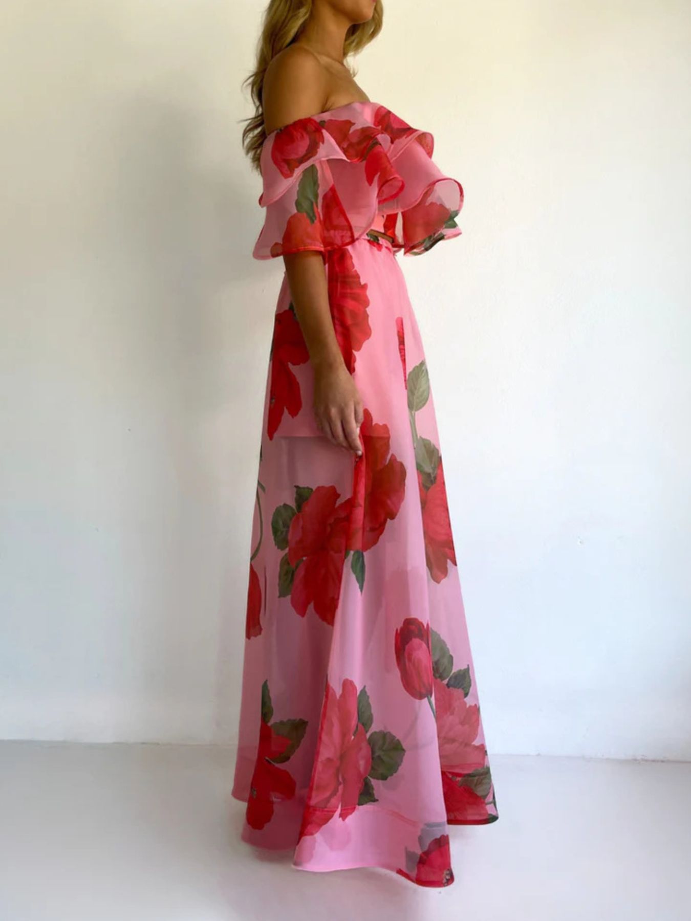 Polka Dot and Flowers Ruffle Crop Top and Maxi Skirt Set