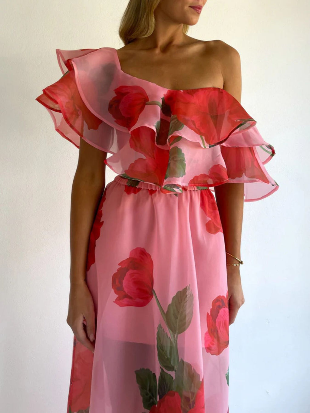 Polka Dot and Flowers Ruffle Crop Top and Maxi Skirt Set