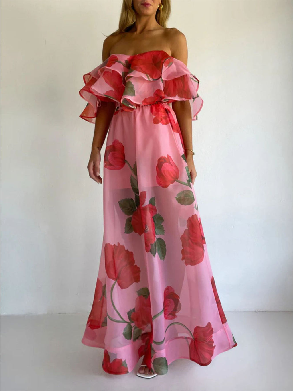 Polka Dot and Flowers Ruffle Crop Top and Maxi Skirt Set