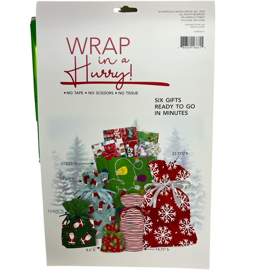 Wrap In A Hurry Pull String Gift Bag 6 piece Festive Assortment