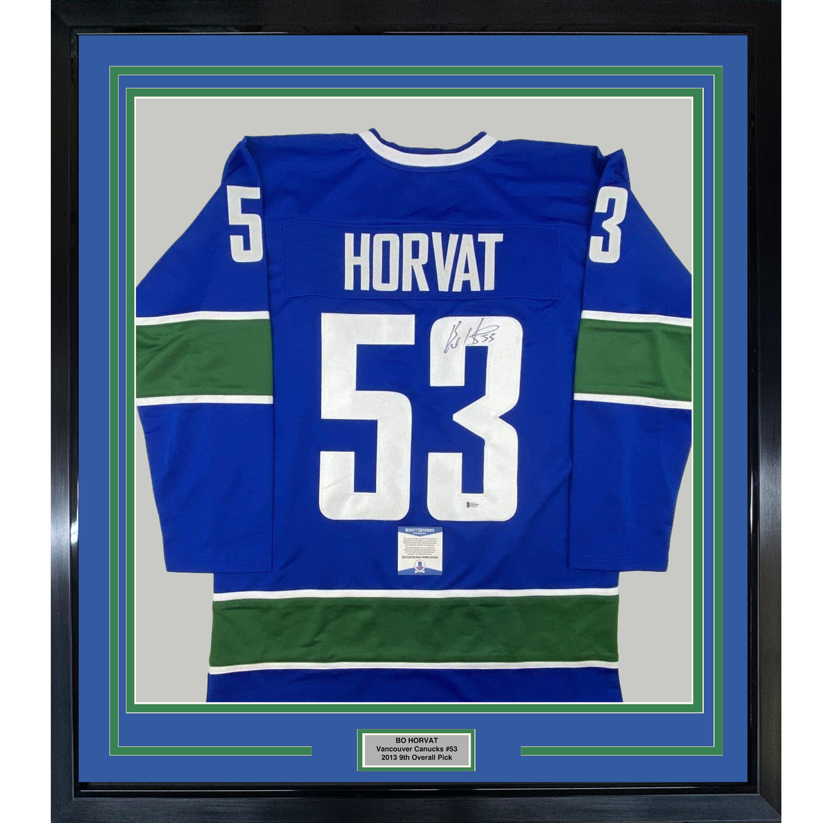 Framed Autographed/Signed Bo Horvat 35x39 Vancouver Blue Hockey Jersey Beckett BAS COA